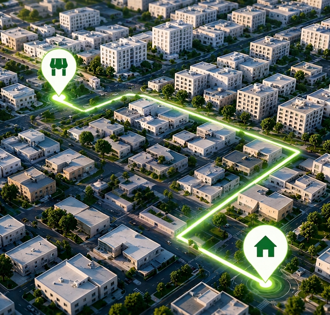 Optimized delivery route mapped between store and customer